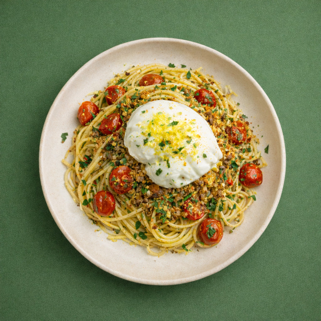 Spaghetti mit gerösteten Cherrytomaten, knusprigem Topping und Burrata in der Mitte, Draufsicht auf beigem Teller vor grünem Hintergrund.