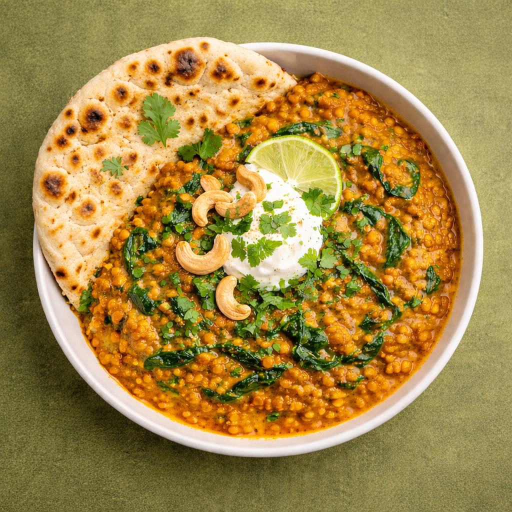 Ayurvedisches Linsen Curry im Teller mit Naan Brot, Draufsicht, grüner Hintergrund.