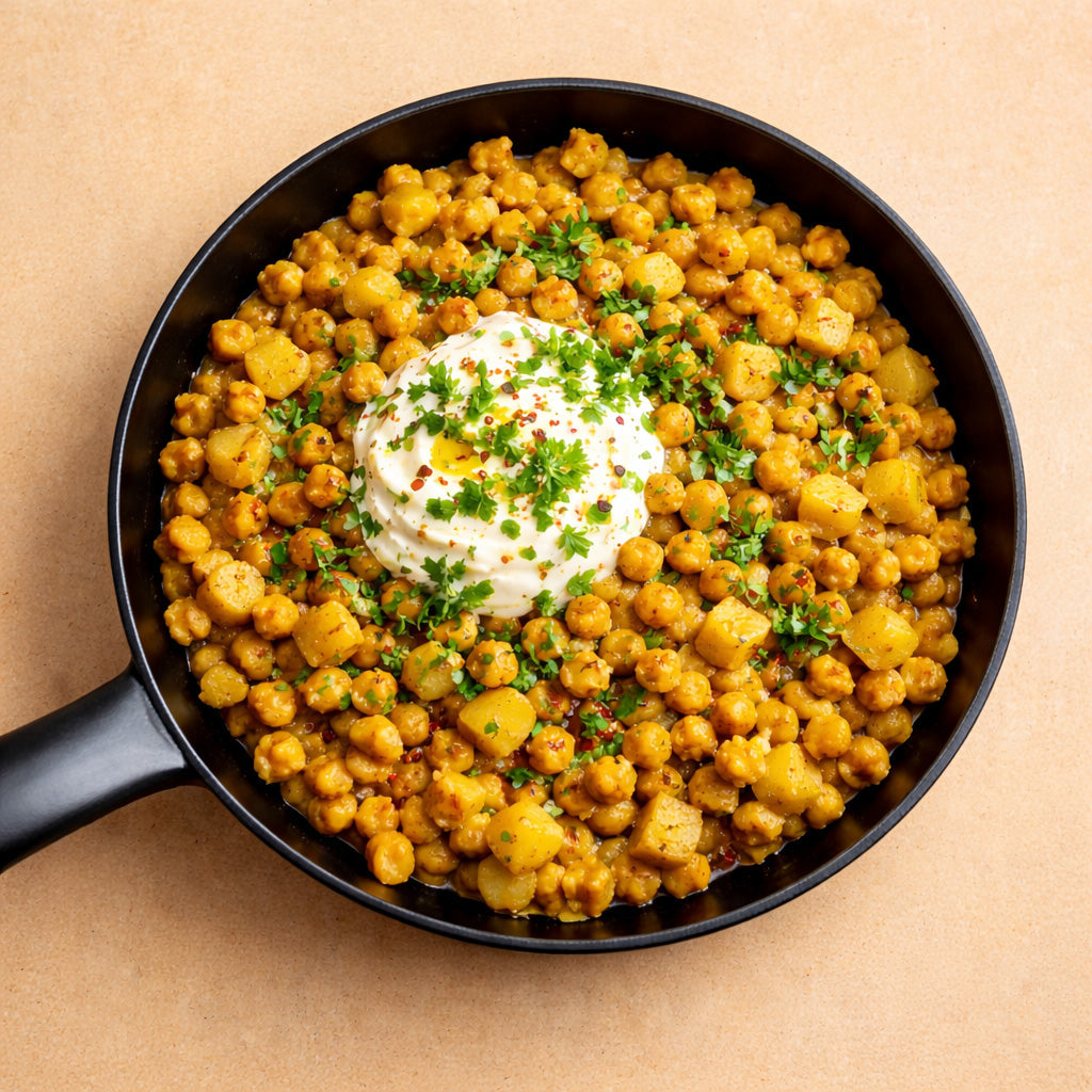 Draufsicht auf eine Pfanne mit knusprig gebratenen Kartoffelwürfeln und Kichererbsen, gewürzt mit Paprika und Kräutern, in der Mitte ein Klecks Joghurt, auf hellem, warmem Hintergrund, clean und minimalistisch.
