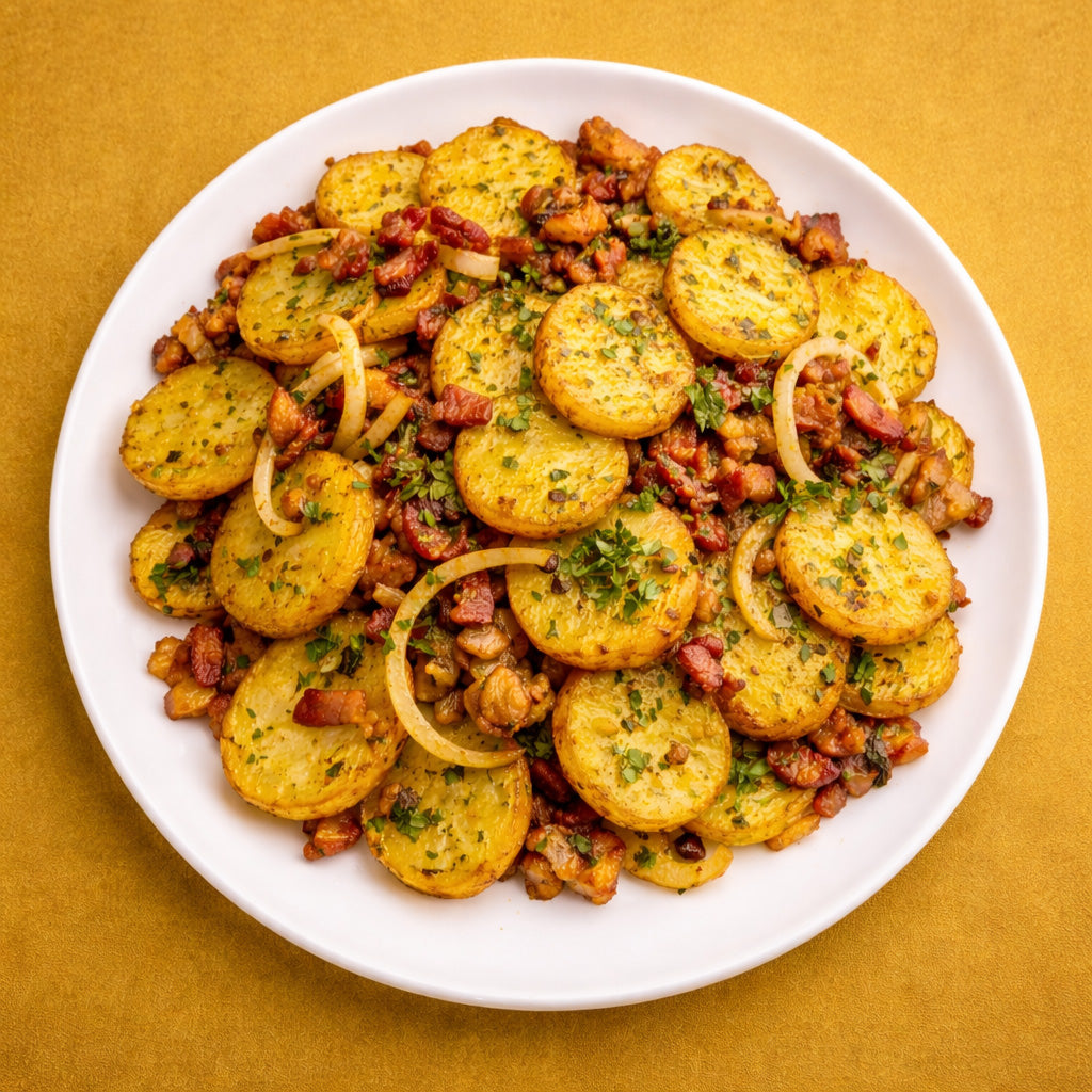 Knusprige Bratkartoffeln mit Zwiebeln und optional Speck, Draufsicht auf Teller vor einfarbigem Hintergrund.