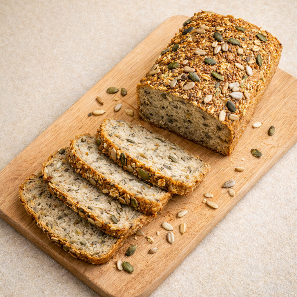Gesundes proteinreiches Kastenbrot mit Körnern und Brotgewürz, angeschnitten auf einem Brett, Draufsicht vor einfarbigem Hintergrund.