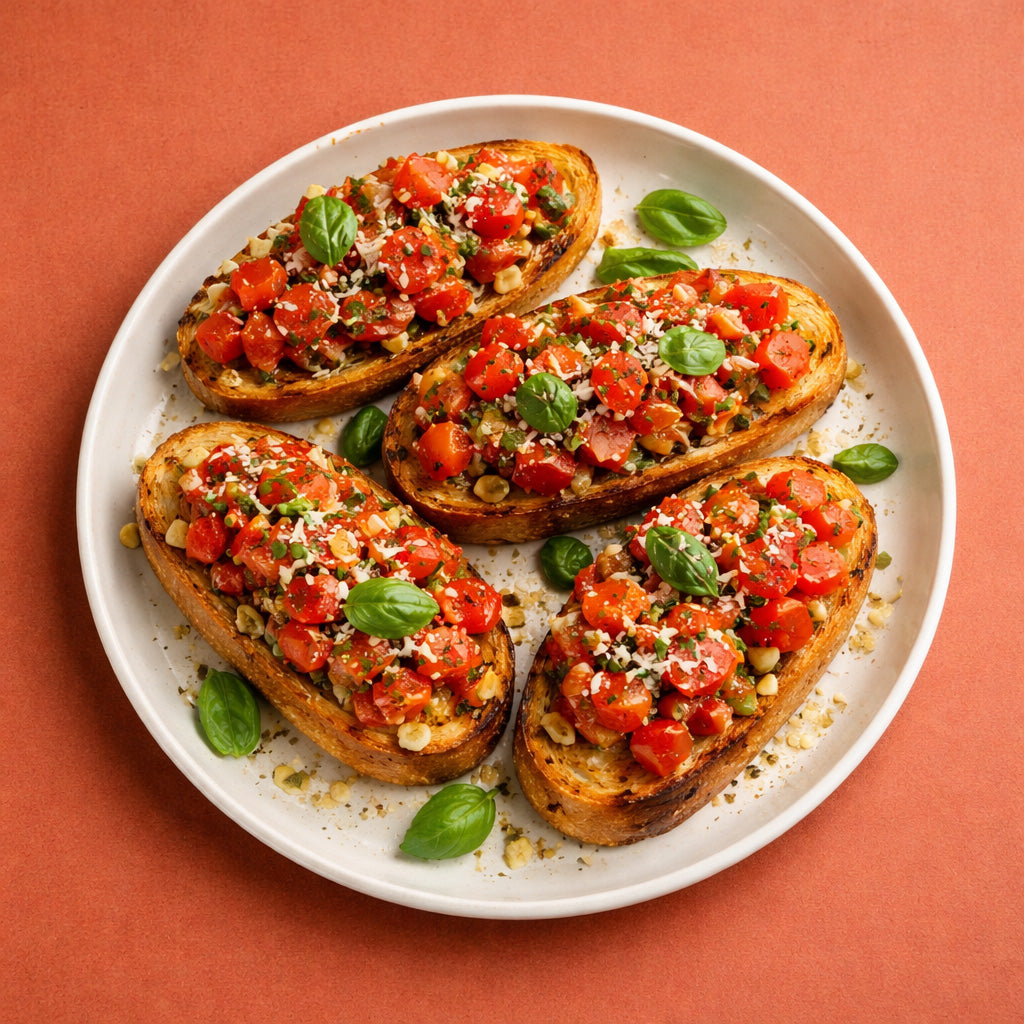 Draufsicht auf drei geröstete Bruschetta mit Tomatenwürfeln, Basilikum und Gewürzen auf einem hellen Teller vor cleanem tomatenrotem Hintergrund