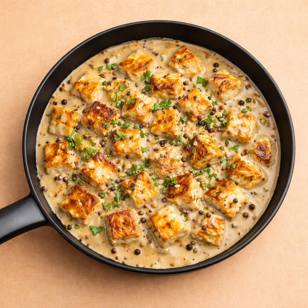 Draufsicht. Halloumi in cremiger Bunter Pfeffer Sauce in Pfanne auf hellem HIntergrund