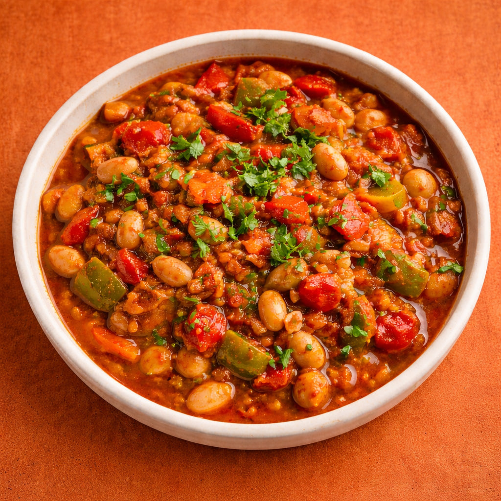 Südafrikanisches Chakalaka mit Bohnen, Paprika und Karotten in würziger Tomatensauce, serviert in einer Schüssel, Draufsicht vor einfarbig terrakottafarbenem Hintergrund.