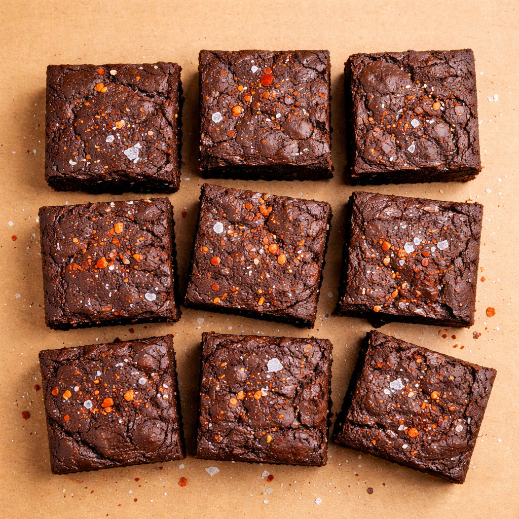 Draufsicht auf neun dunkle Schoko Brownies mit knuspriger Oberfläche, bestreut mit Chili Flocken und grobem Salz, auf warmem rotbraunem Hintergrund.