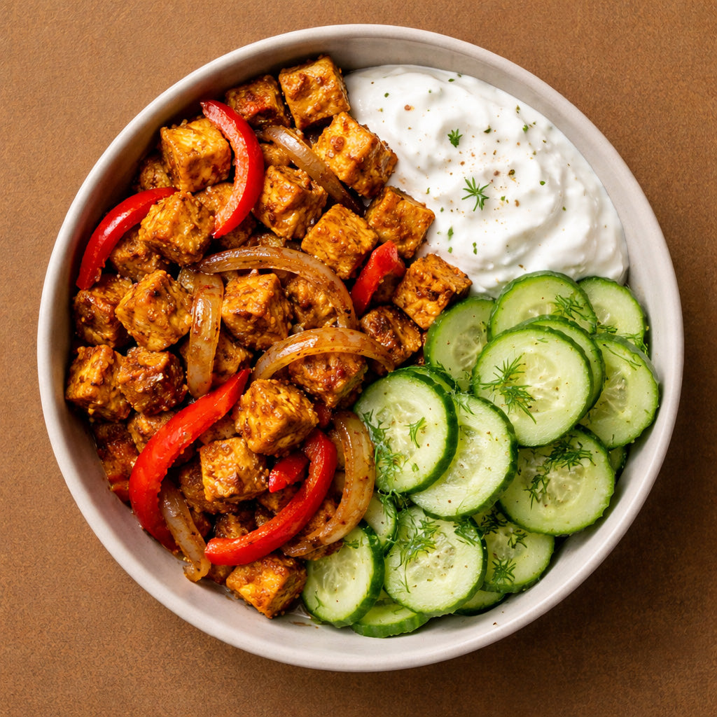 Schale mit Tofu Shawarma Pfanne aus Tofu, Paprika und Zwiebel mit Skyr Knoblauch Sauce in Draufsicht auf olivbraunem Hintergrund