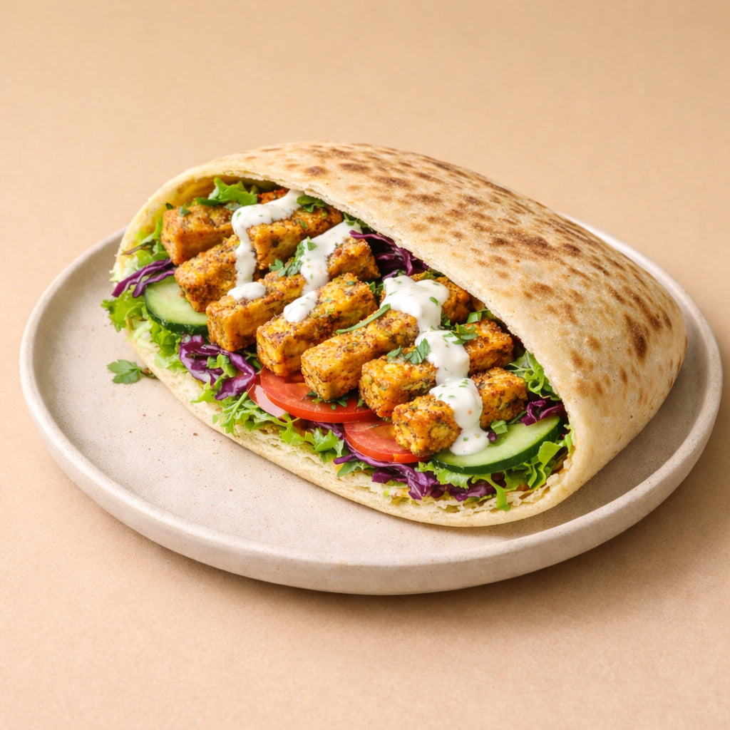 Draufsicht auf gefülltes Fladenbrot mit gebratenen gewürzten Tofuwürfeln, Salat, Tomaten, Gurke und cremiger Sauce auf cleanem hellbraunem Hintergrund