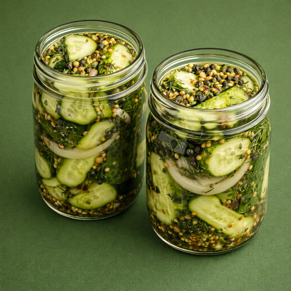 Pikant eingelegte Gurken in einem Glas mit Kräutern und Gewürzen, Draufsicht vor einfarbigem Hintergrund.