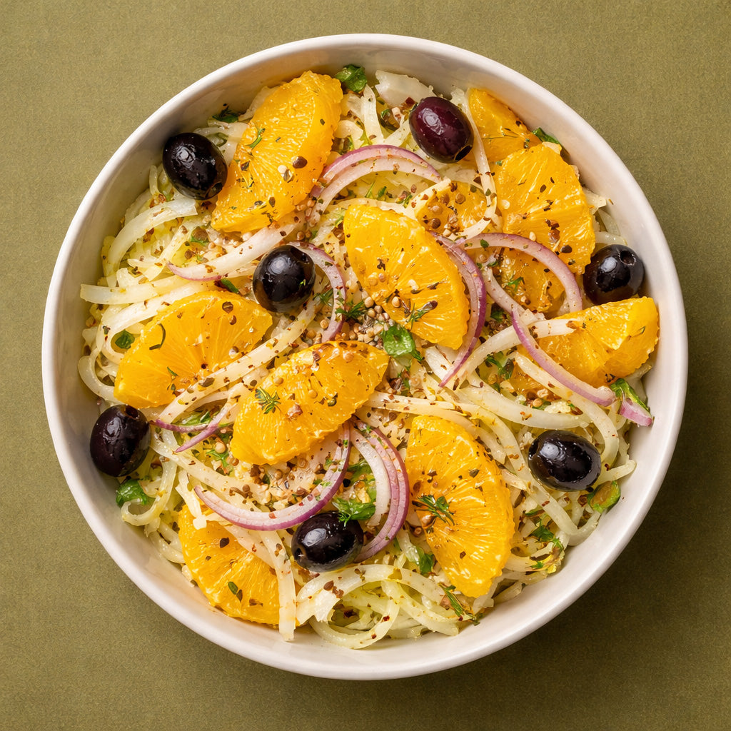 Schale mit Orangen Fenchel Salat und gerösteten Fenchelsamen in Draufsicht auf olivgrünem Hintergrund