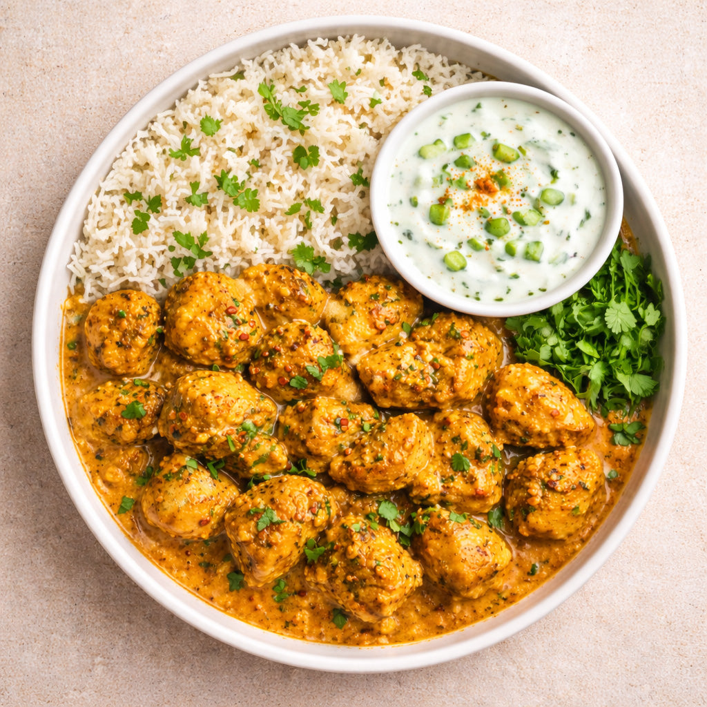 Garam Masala Hähnchen in cremiger Joghurt Sauce, serviert in einer Schüssel, Draufsicht vor einfarbigem Hintergrund.