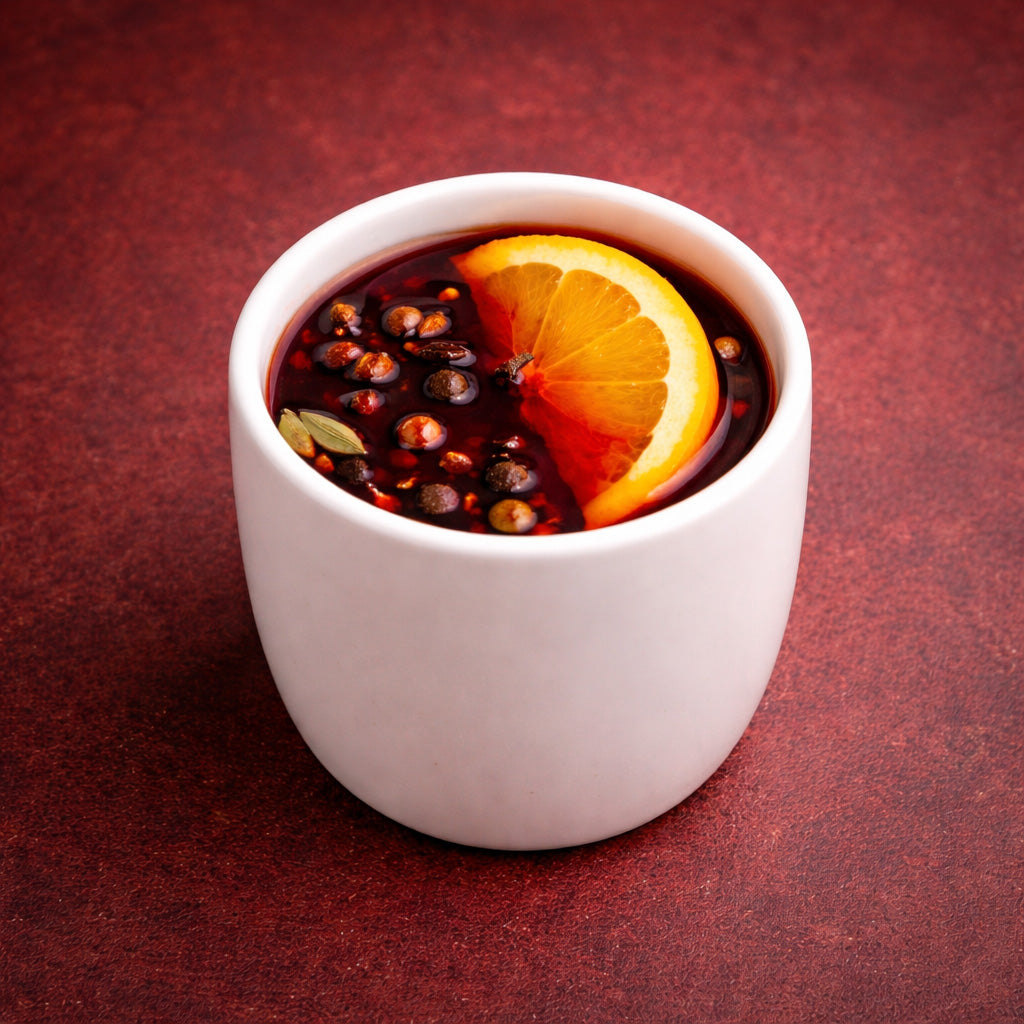 Weiße Tasse ohne Henkel mit Glühwein, Draufsicht vor dunkelrotem einfarbigem Hintergrund.