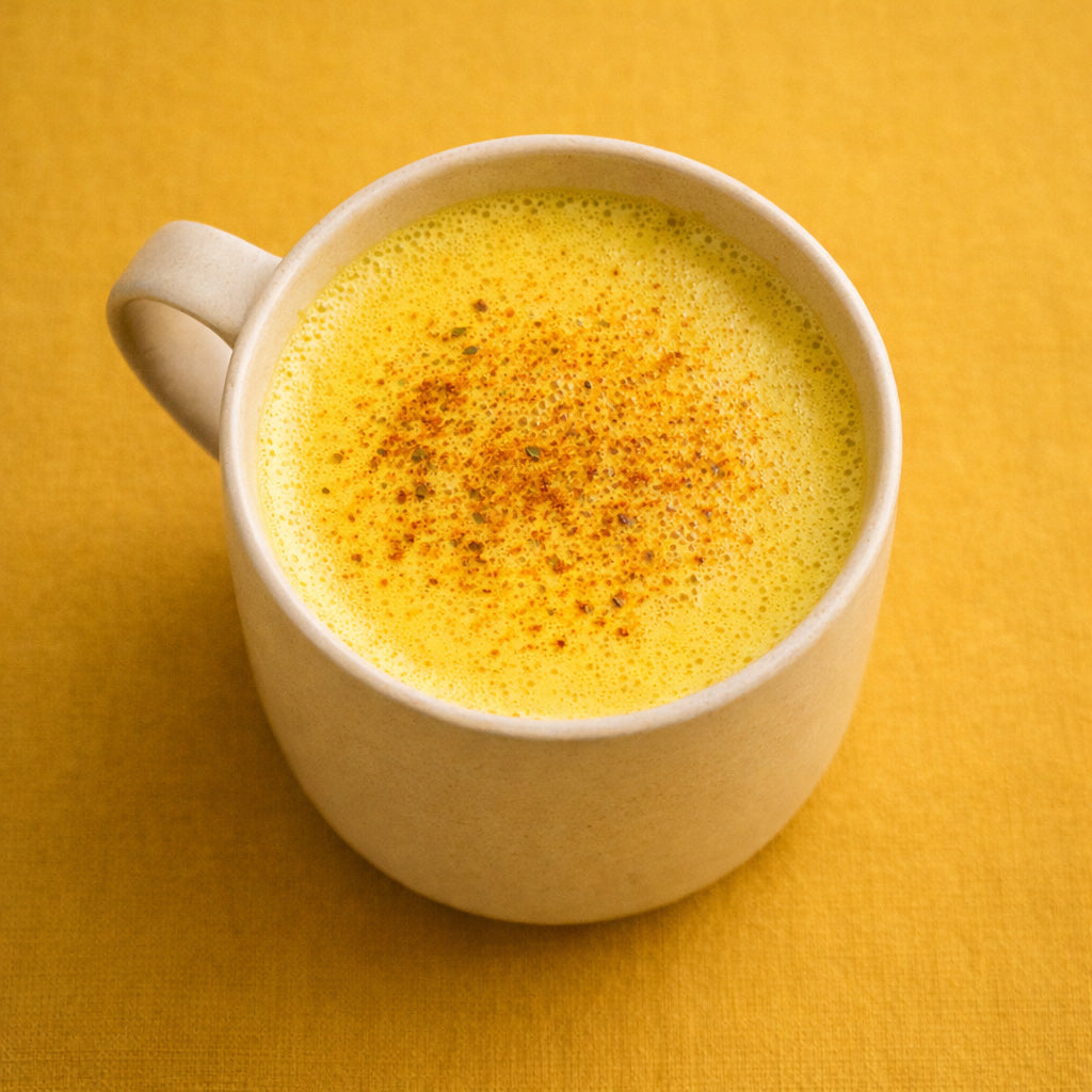 Goldene Milch in beigem Becher, Draufsicht auf cremiges Kurkuma-Getränk mit Gewürz-Topping vor einfarbig gelbem Hintergrund.