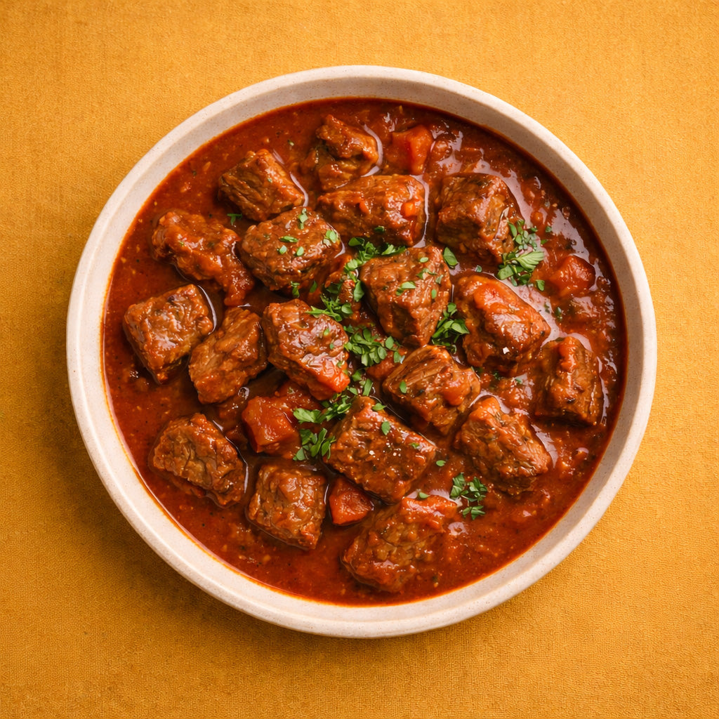 Draufsicht, klassischer Rindergulasch Eintopf in weißer Schale, auf orangefarbenden Hintergrund