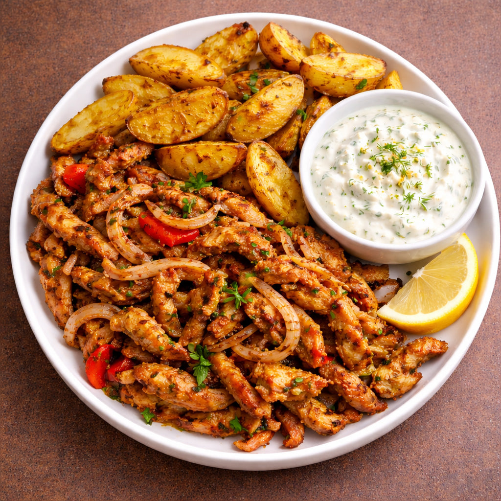 Gyros Pfanne mit Zwiebeln, dazu Ofenkartoffeln und Tzatziki, Draufsicht auf Teller vor einfarbigem Hintergrund.