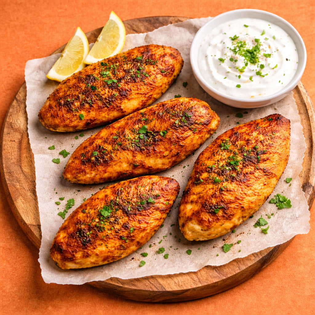 Gegrillte Hähnchenbrust mit Joghurt Dip auf Holzbrett vor orangem Hintergrund.