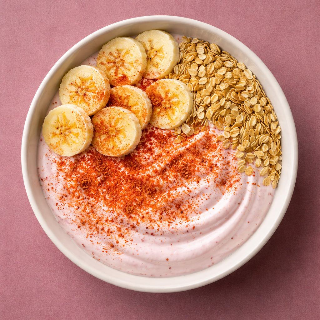 Schale mit Joghurt Bowl aus Banane, Haferflocken und Hagebutten Pulver in Draufsicht auf rosaviolettem Hintergrund