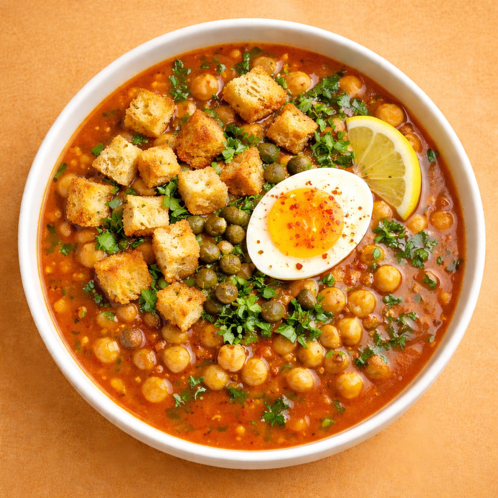 Tunisische Lablabi Kichererbsensuppe mit Harissa, serviert mit Brotwürfeln und Ei, Draufsicht vor einfarbigem Hintergrund.