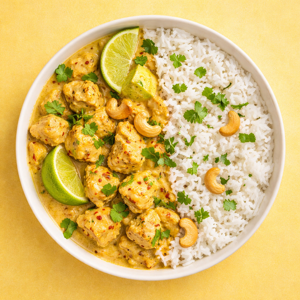 Draufsicht auf eine weiße Schale mit Ingwer Kokos Hähnchen Curry und Reis auf gelbem Hintergrund in Etikettfarbe, dekoriert mit Limettenspalten, Cashews und frischen Kräutern.