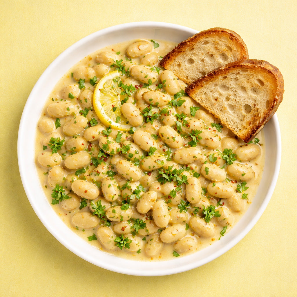 Draufsicht auf eine Schale mit cremigen weißen Bohnen in Knoblauch Zitronen Sauce auf gelbgrünem Hintergrund, garniert mit Petersilie, Zitronenscheibe und zwei gerösteten Brotscheiben.