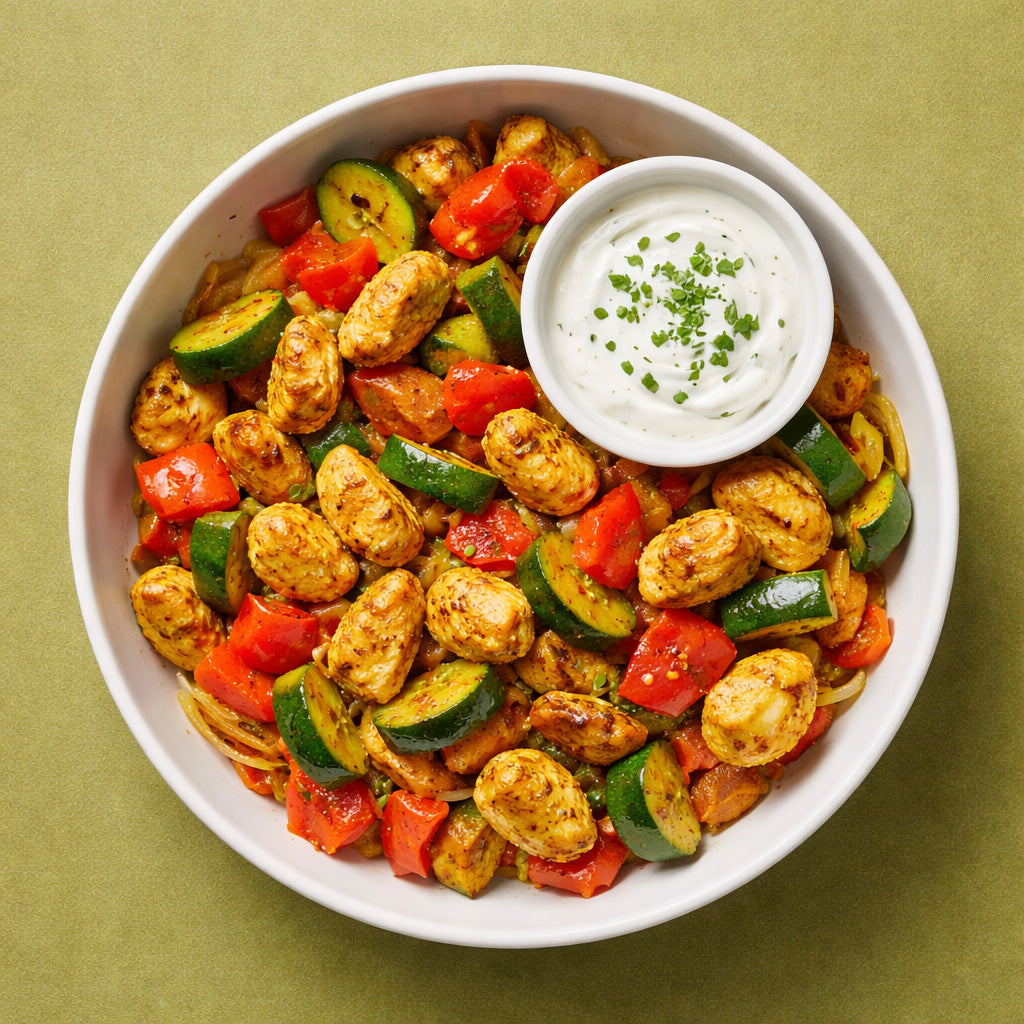 Orientalische Hähnchenpfanne mit Paprika und Zucchini gewürzt mit Koriander gemahlen in einer Schale aus Draufsicht auf olivgrünem Hintergrund