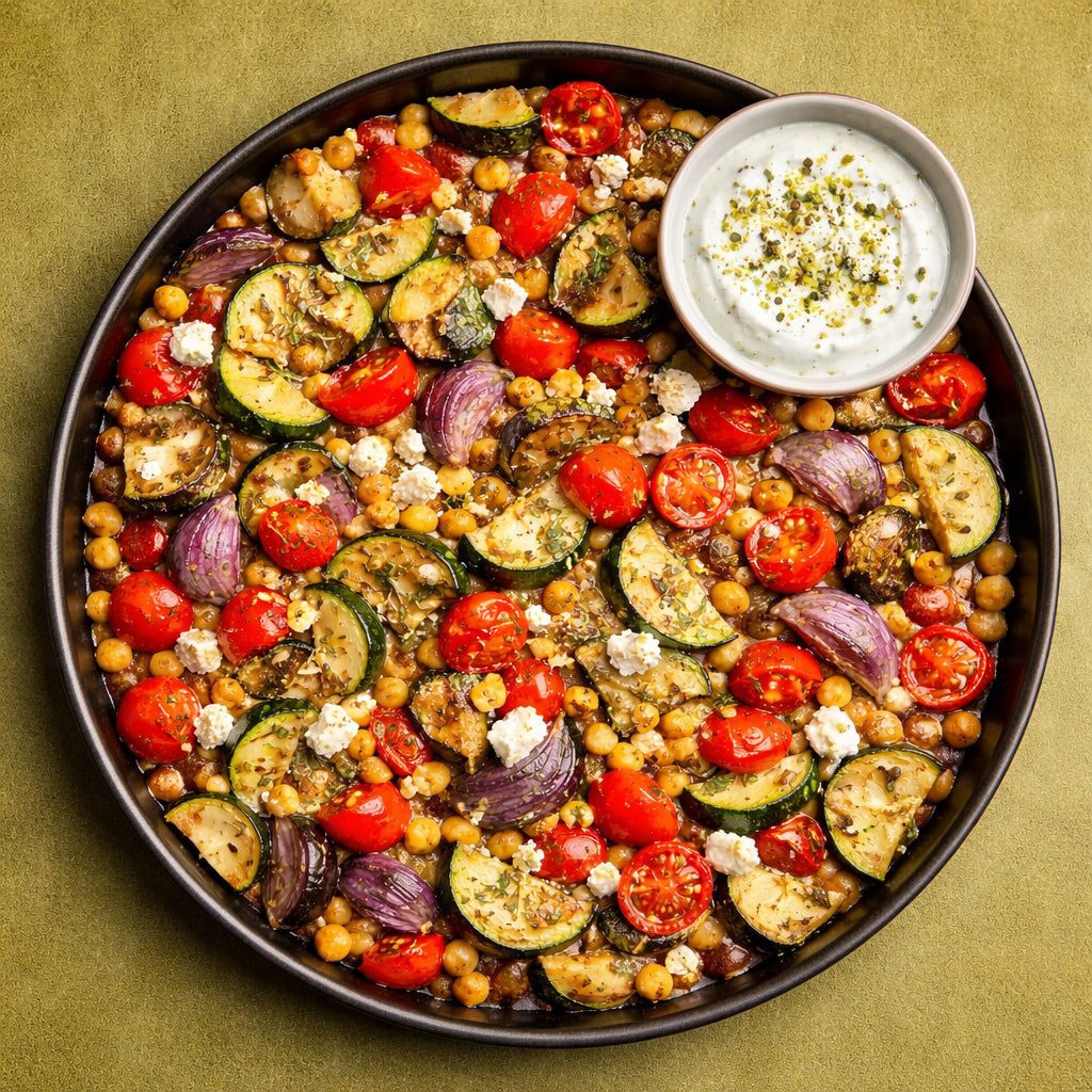 Ofengeröstetes mediterranes Gemüse mit Kichererbsen in runder Backform, Draufsicht auf olivgrünem Hintergrund, mit Kräuter der Provence und cremigem Dip in kleiner Schale.