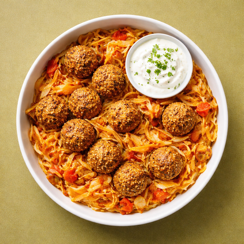Schmorkohl mit vegetarischen Falafelbällchen und Kümmel ganz in einer hellen Schale aus Draufsicht auf khaki olivfarbenem Hintergrund