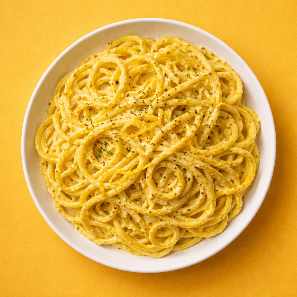 Teller mit Kurkuma Zitronen Pasta in cremiger Joghurt Sauce in Draufsicht auf gelbem Hintergrund