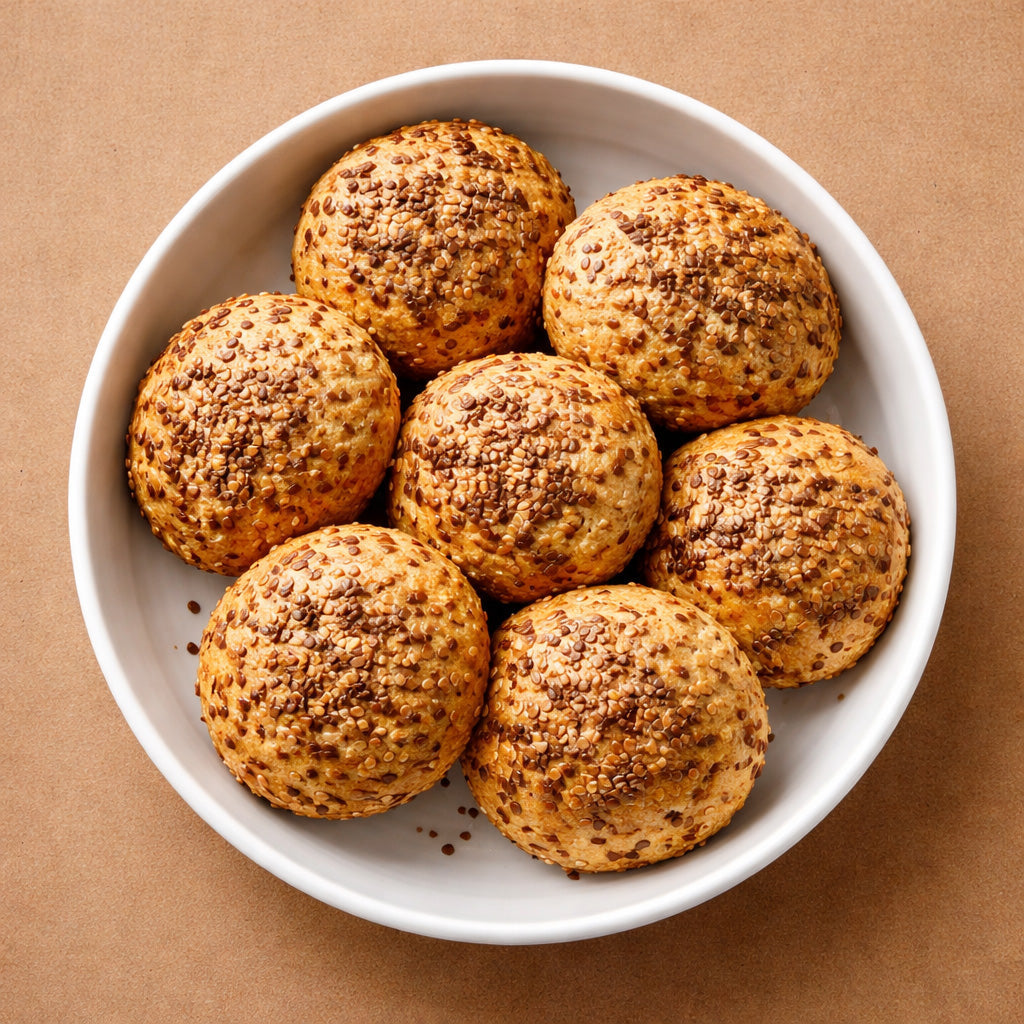 Knusprige Leinsamen Quarkbrötchen in einer hellen Schale aus Draufsicht auf warm braunem Hintergrund 