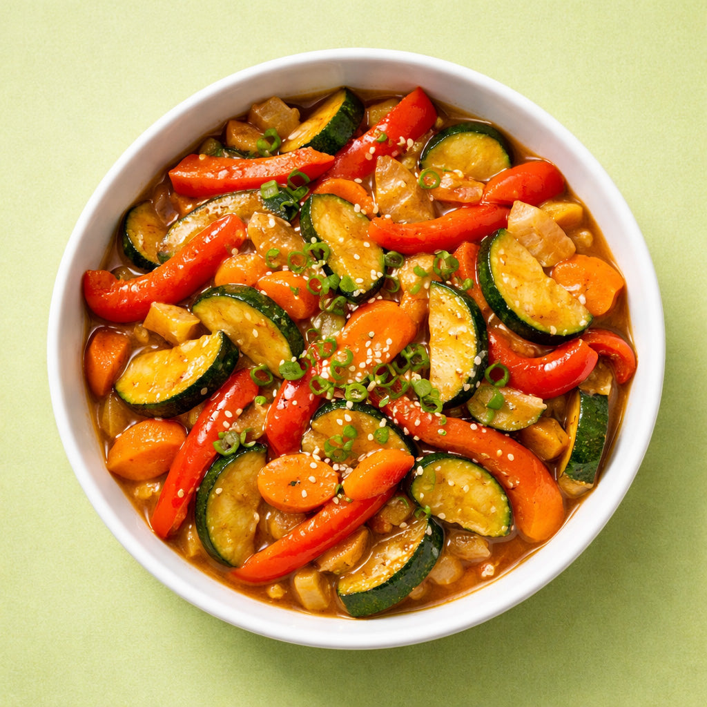 Bunte Gemüsepfanne mit glänzender Asia Sauce in einer hellen Schale aus Draufsicht auf hellgrünem Hintergrund passend zum Etikett von Maisstärke