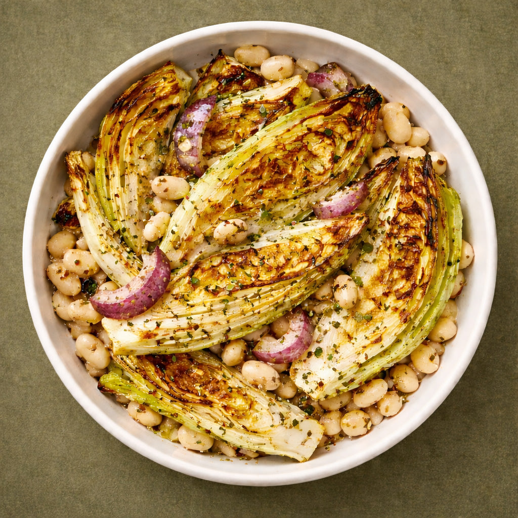 Gerösteter Spitzkohl mit weißen Bohnen und Majoran in einer hellen Schale aus Draufsicht auf olivgrünem Hintergrund