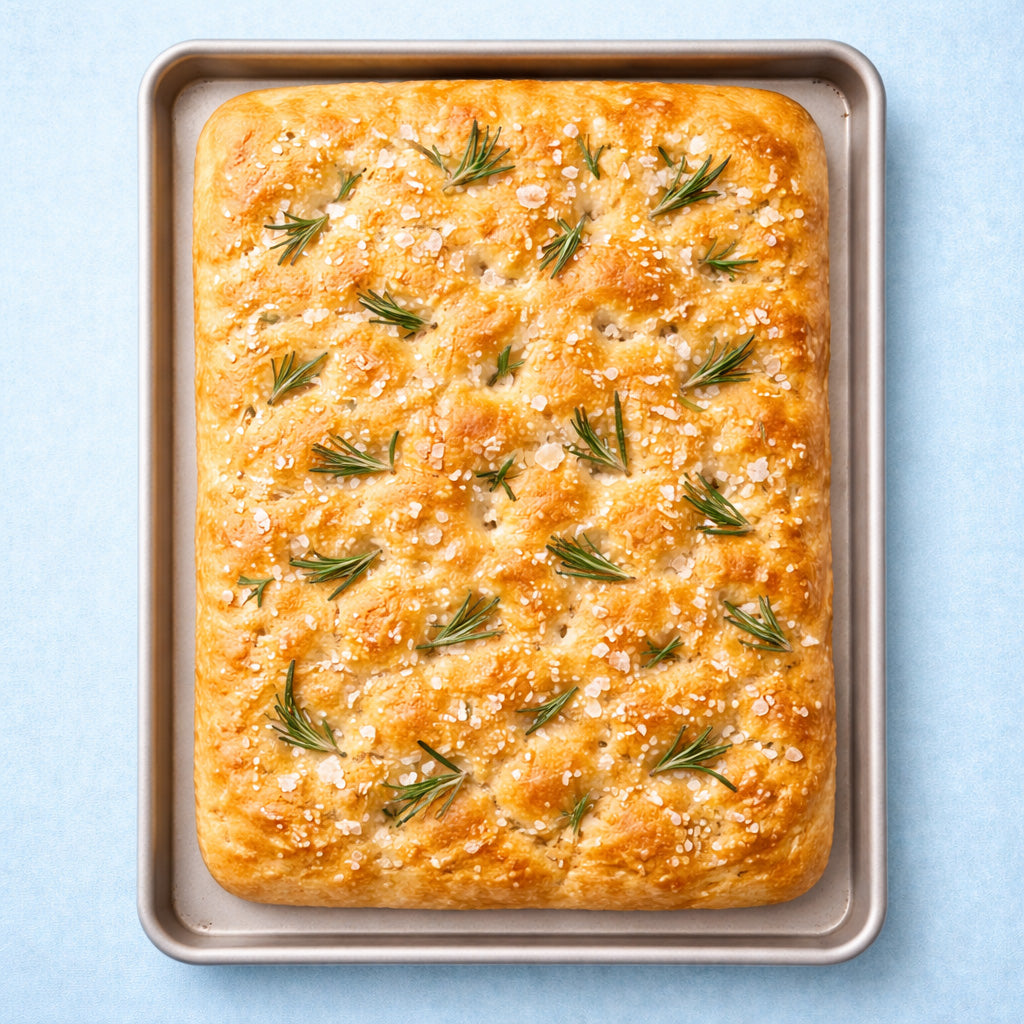 Goldbraune Focaccia auf einem hellen Backblech mit Rosmarin und sichtbaren groben Meersalz Kristallen aus Draufsicht auf hellblauem Hintergrund passend zum Etikett von Meersalz grob