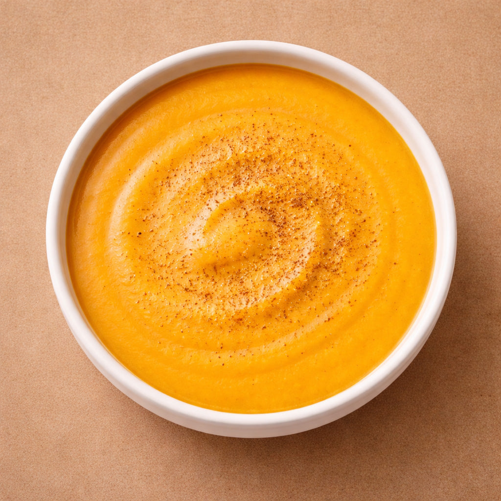 Draufsicht. Cremige Kürbis Suppe mit Muskatblüte in weißer Schale auf hellbäunlichen Hintergrund