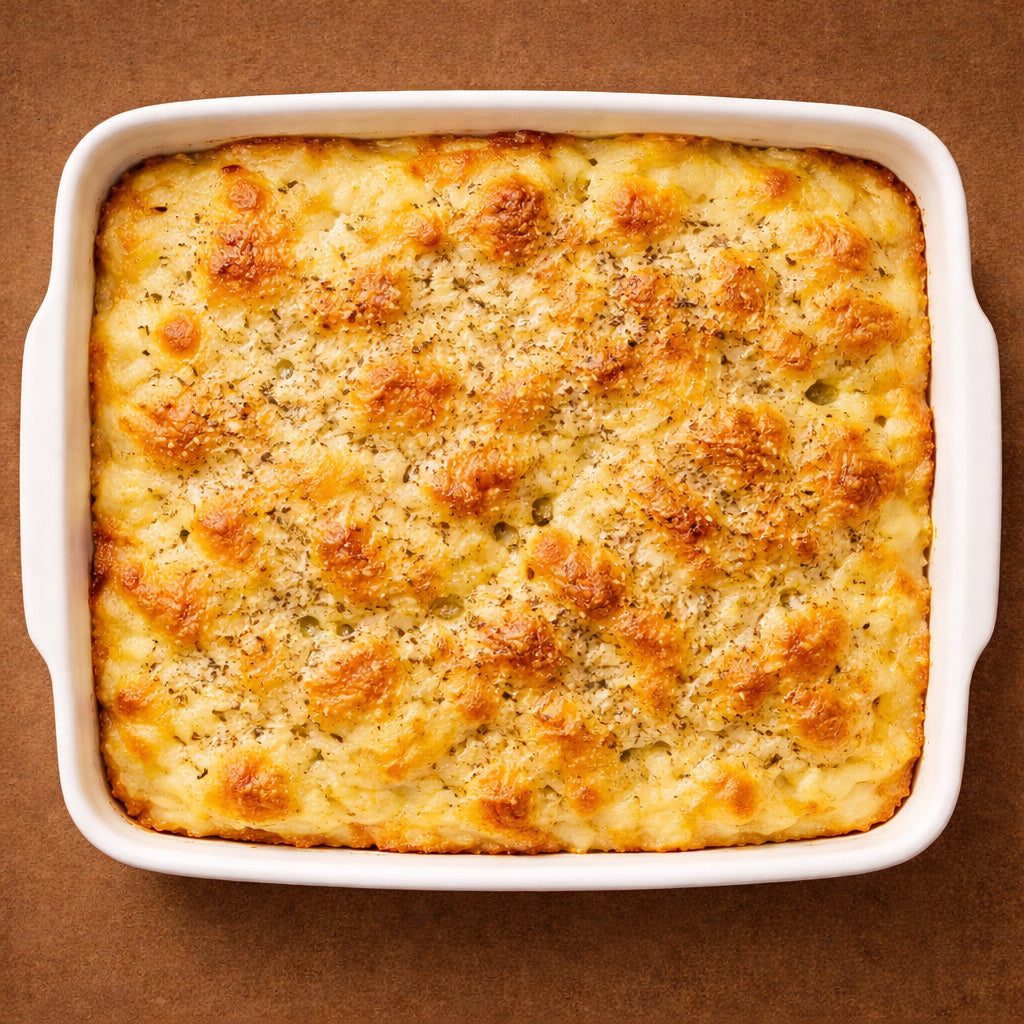 Draufsicht. Cremiges Kartoffelgratin mit frisch geriebener Muskatnuss in weißer Auflaufform auf braunem Hintergrund