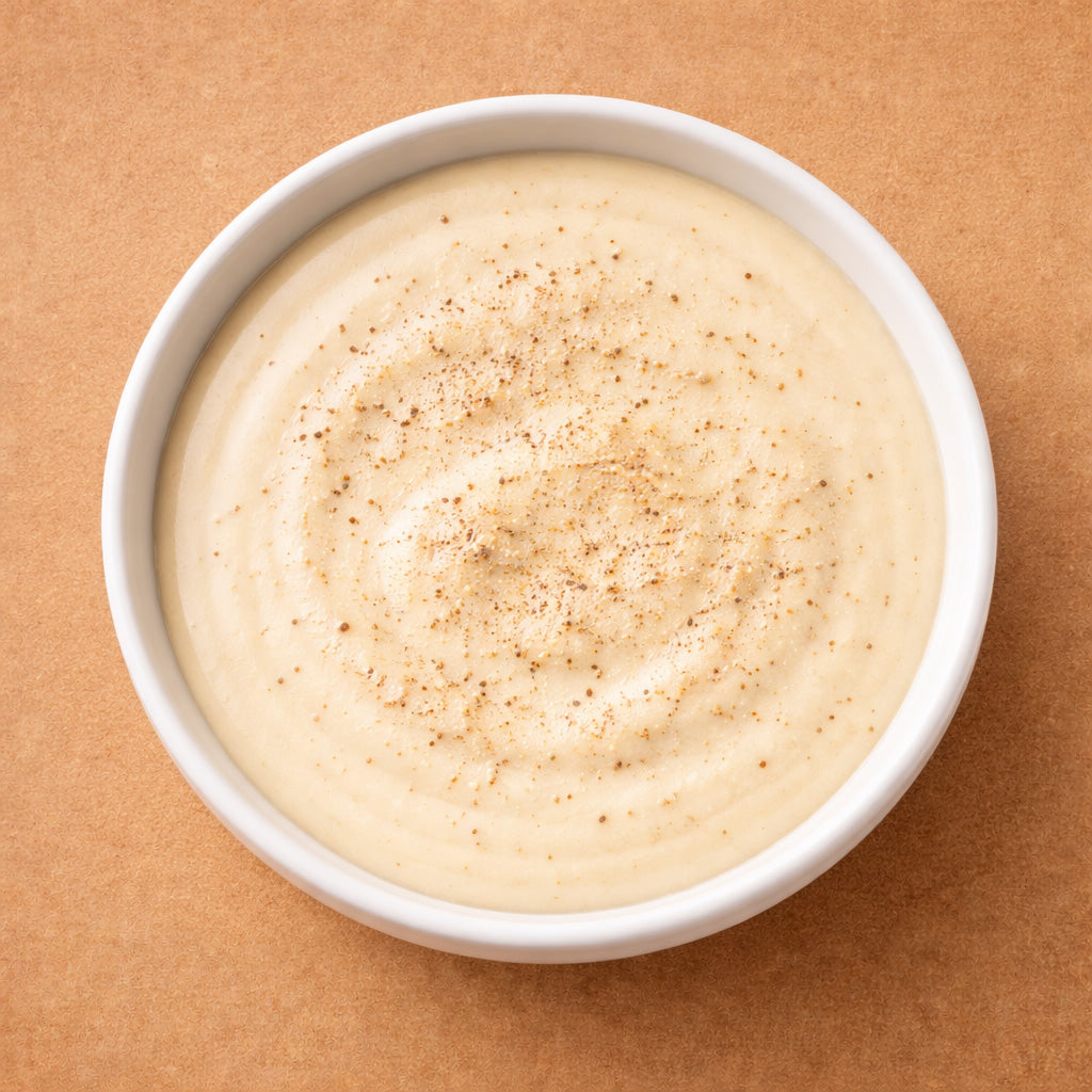 Draufsicht.Klassische Bechamelsauce mit Muskat in weißer Schale auf hellbräunlichen Hintergrund