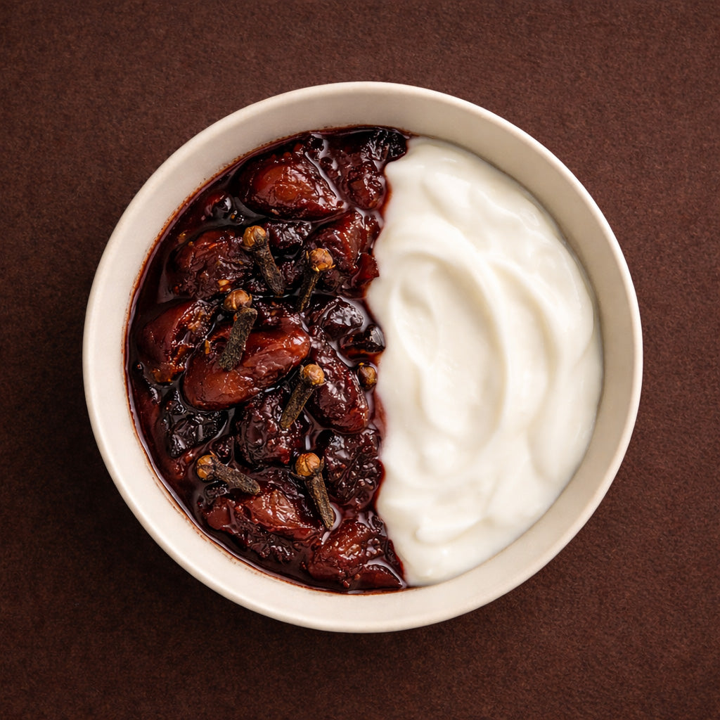 Draufsicht auf eine helle Schale mit dunklem Pflaumenkompott und weißen Skyr, garniert mit ganzen Nelken, auf dunkelbraunem Hintergrund.