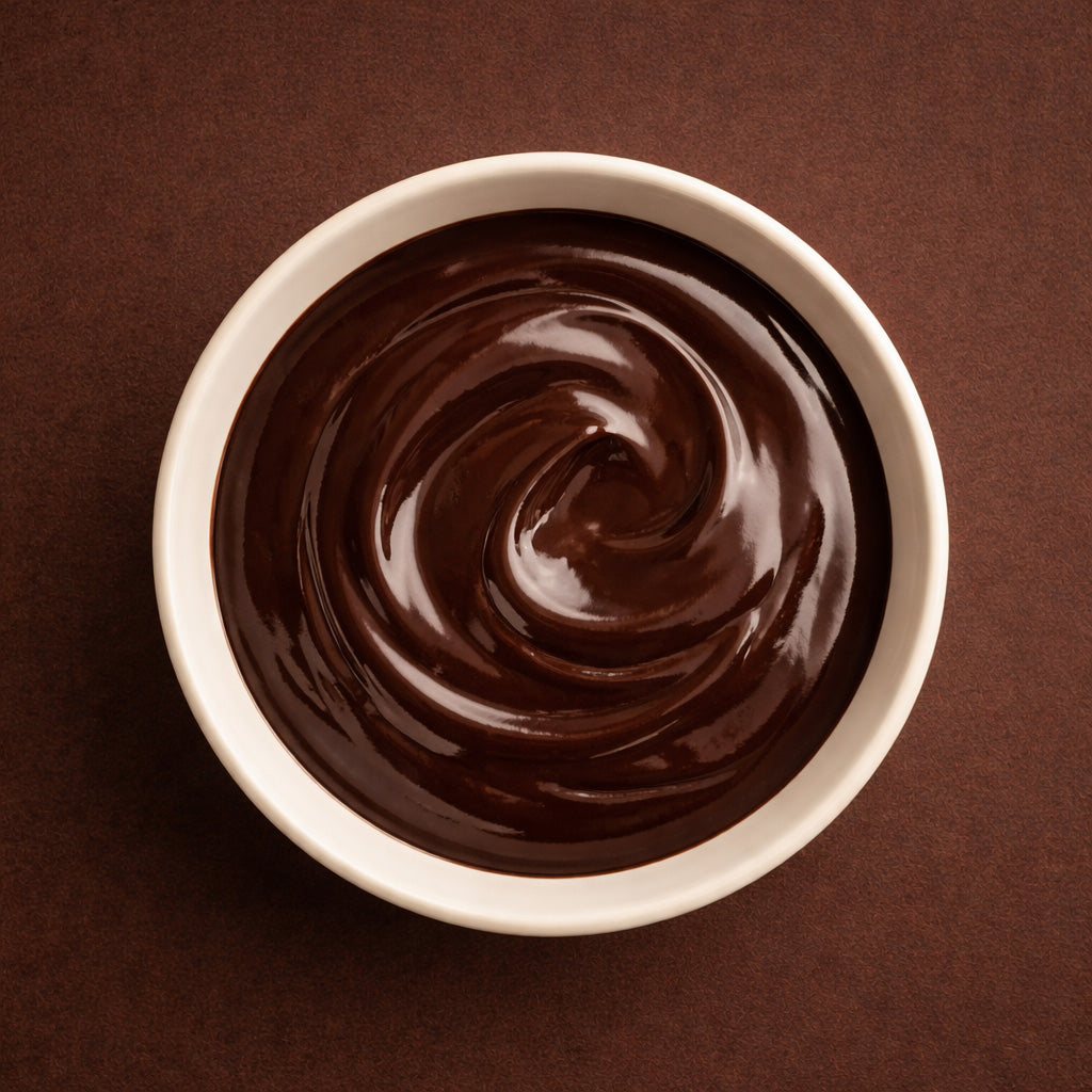 Draufsicht auf eine kleine Schale mit dunkler Schokoladensauce mit Nelken auf warm braunem Hintergrund