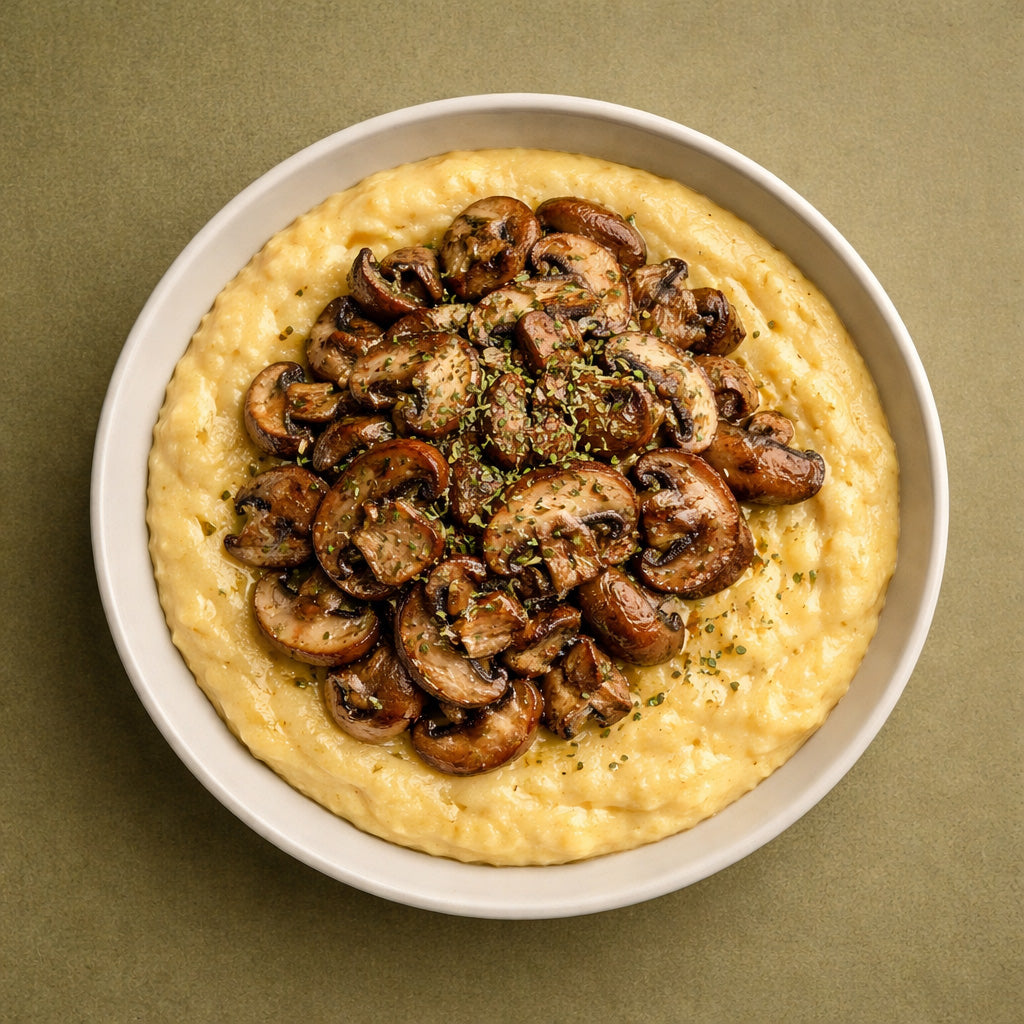 Draufsicht auf cremige Zitronen Polenta mit gebratenen Pilzen und Oregano in einer hellen Schale auf gedecktem olivgrünem Hintergrund.