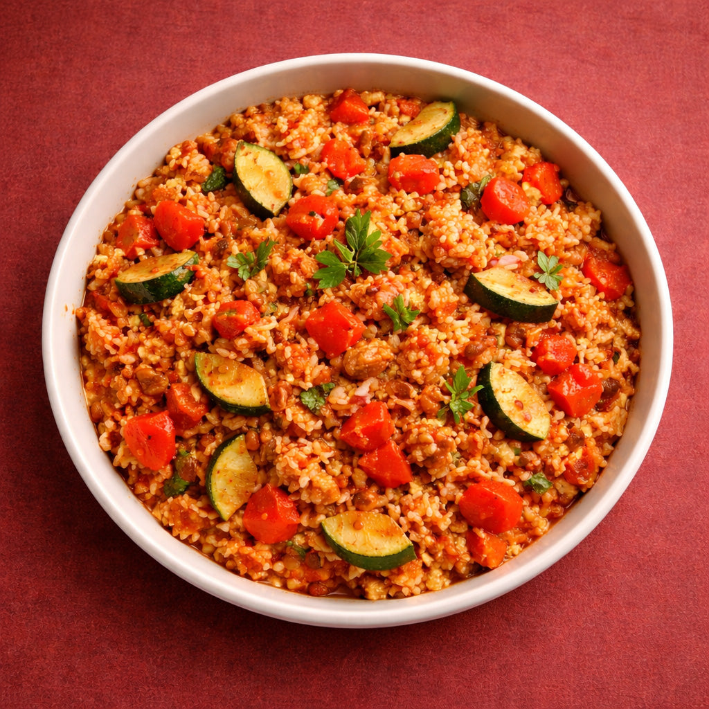 Draufsicht auf eine würzige Paprika Reispfanne mit Gemüse und cremiger Paprika Walnuss Sauce in einer hellen Schale auf gedecktem dunkelrotem Hintergrund