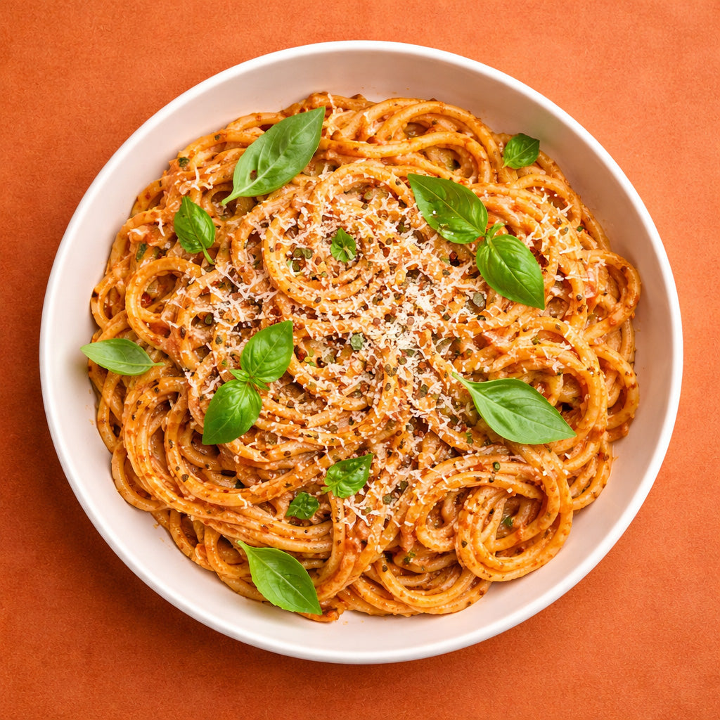 Cremige Tomaten Pasta im Teller, Draufsicht vor einfarbigem Hintergrund.