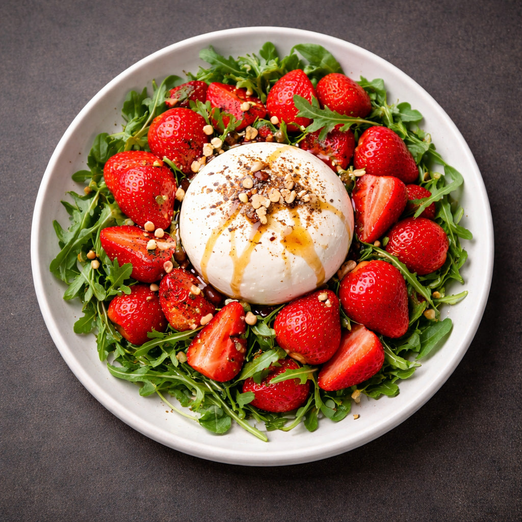 Draufsicht auf Erdbeer Salat mit Burrata, Rucola und grob gemörsertem schwarzem Pfeffer auf cleanem dunklem anthrazitfarbenem Hintergrund