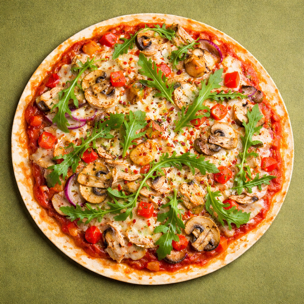 Draufsicht auf einen Protein Pizza Wrap aus der Pfanne mit Tomatensauce, geschmolzenem Käse und JKR Pizza Gewürz auf einfarbig grünem Hintergrund.