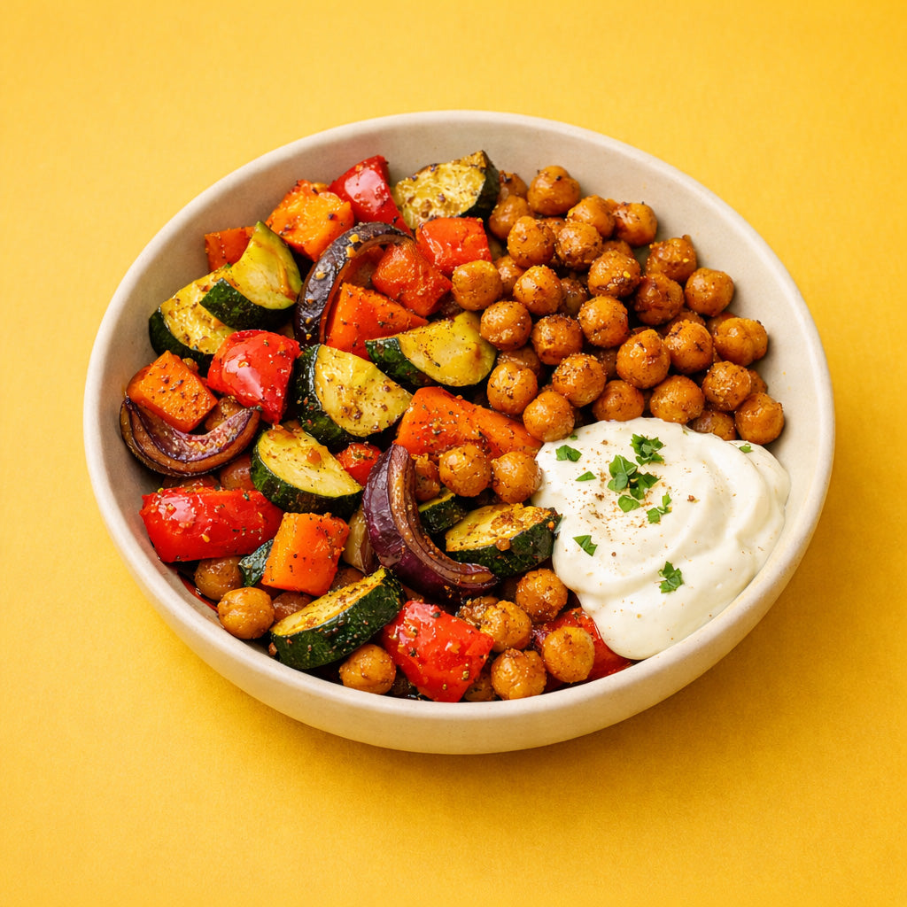 JKR Spices Ras el Hanout Ofengemuese mit knusprigen Kichererbsen in Keramikschale auf curry gelbem Hintergrund