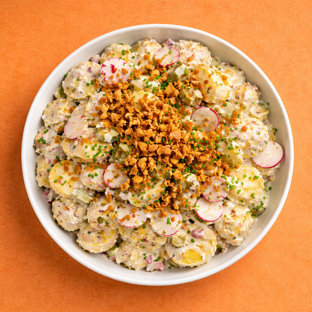 Draufsicht auf eine weiße Schüssel mit cremigem Kartoffelsalat, garniert mit Röstzwiebeln, Radieschenscheiben und Schnittlauch, vor einfarbig orangefarbenem Hintergrund.