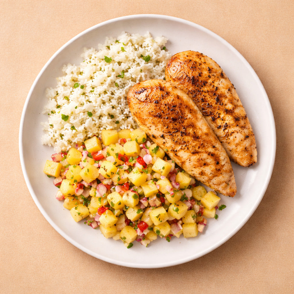 Draufsicht auf Hähnchen mit karibischer Ananas Salsa und Limettenreis auf einem schlichten Teller, clean angerichtet auf warm beigebraunem Hintergrund