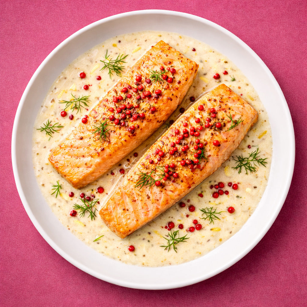 Lachs in Zitronenrahm mit rosa Beeren