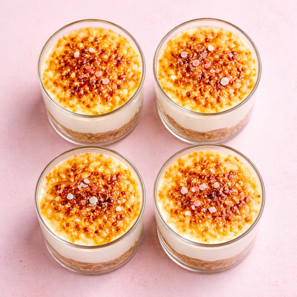 Draufsicht, no Bake Crème Brûlée Cheesecake Gläser auf rosfarbenen Hintergrund