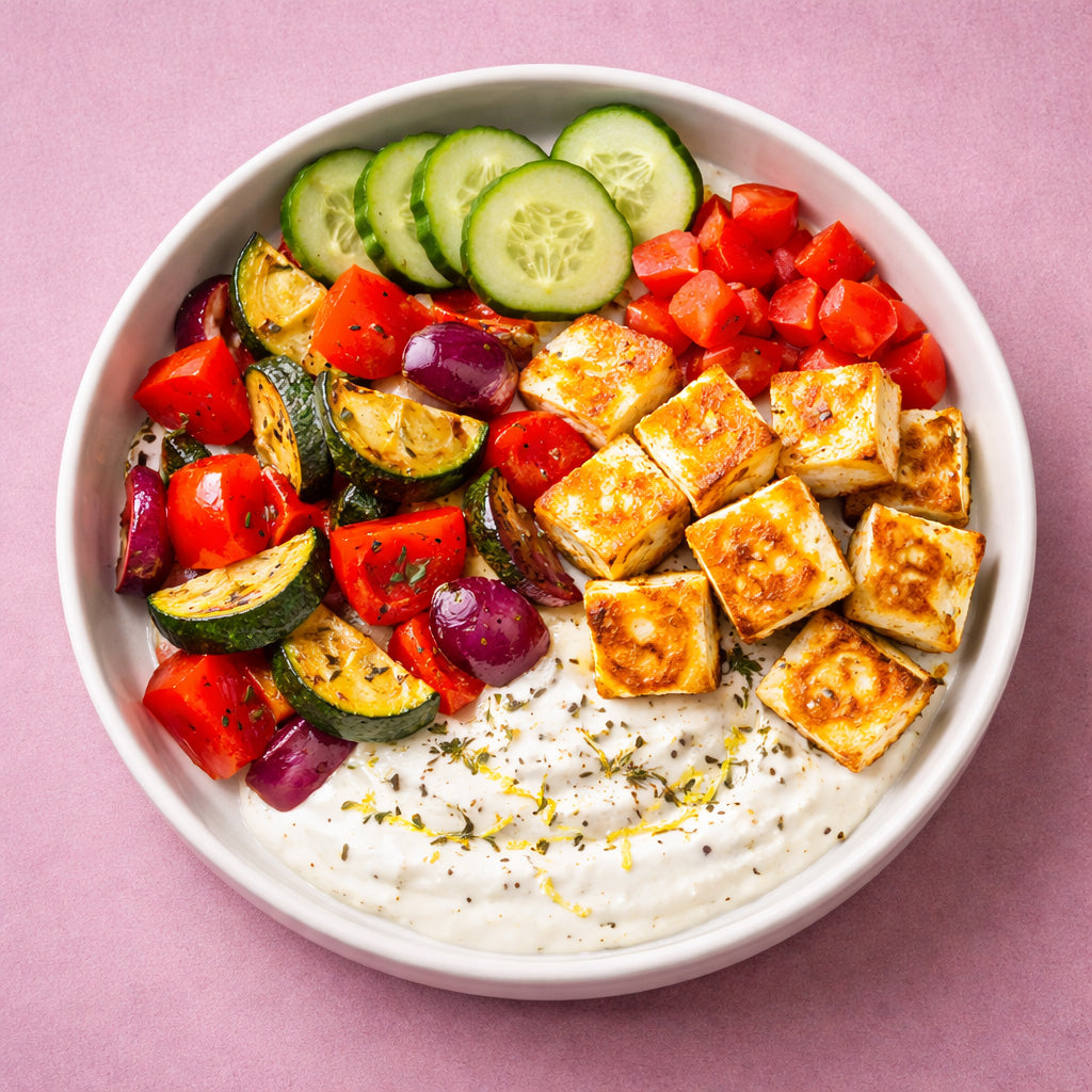 Draufsicht auf Rosmarin Zitronen Quark Bowl mit Ofengemüse und gebratenem Halloumi in schlichter Schale auf cleanem mauvefarbenem Hintergrund