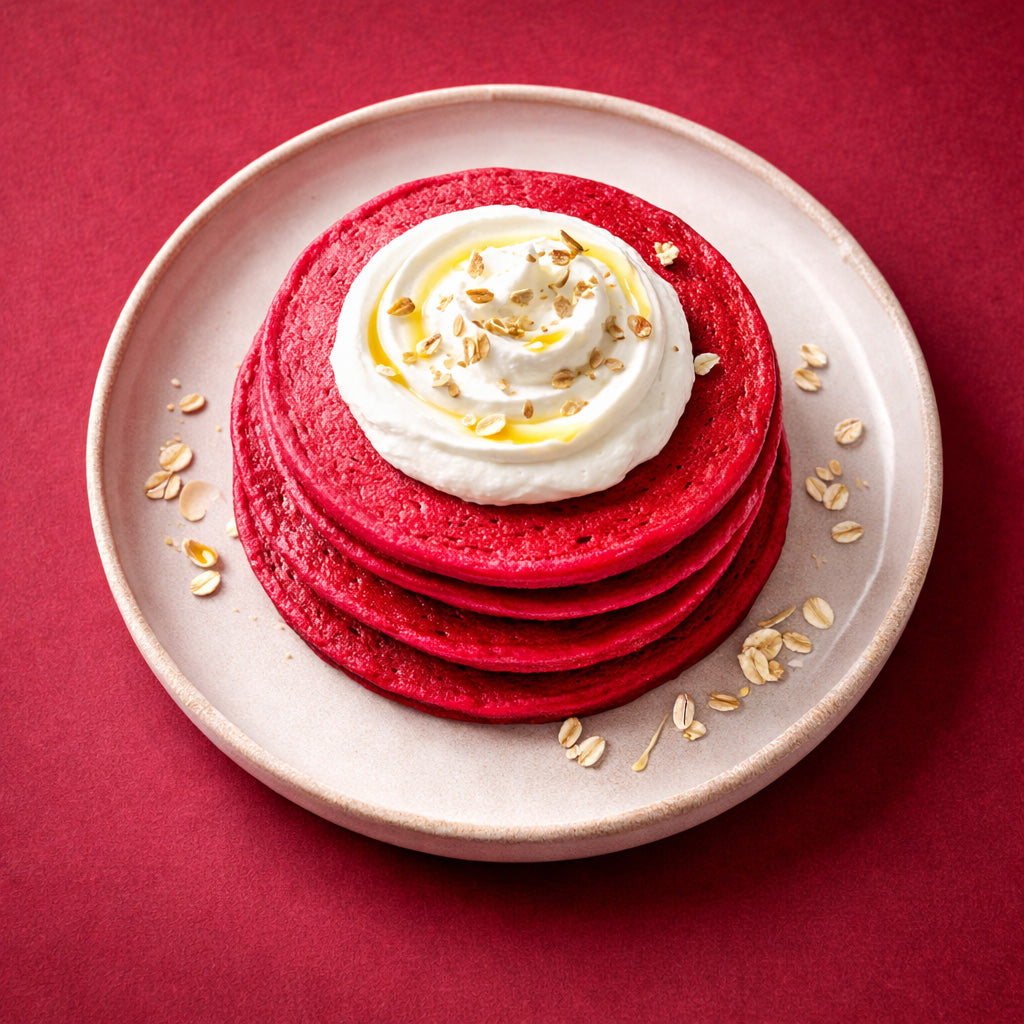 Draufsicht auf pinke Rote Beete Protein Pancakes mit cremiger Quark Creme auf cleanem dunkel rosarotem Hintergrund