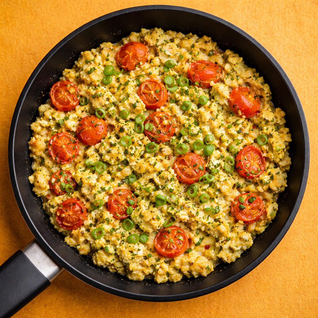 Cremiges Kräuter Rührei mit Cherrytomaten in einer Pfanne oder auf einem Teller, Draufsicht vor einfarbigem Hintergrund.