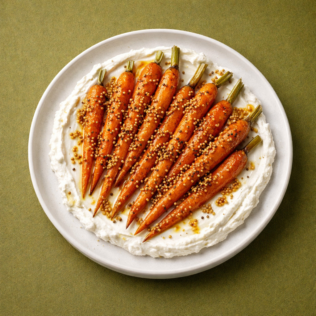 Draufsicht auf karamellisierte Honig Karotten auf Whipped Feta mit gerösteten Senfkörnern auf cleanem olivgelbem Hintergrund